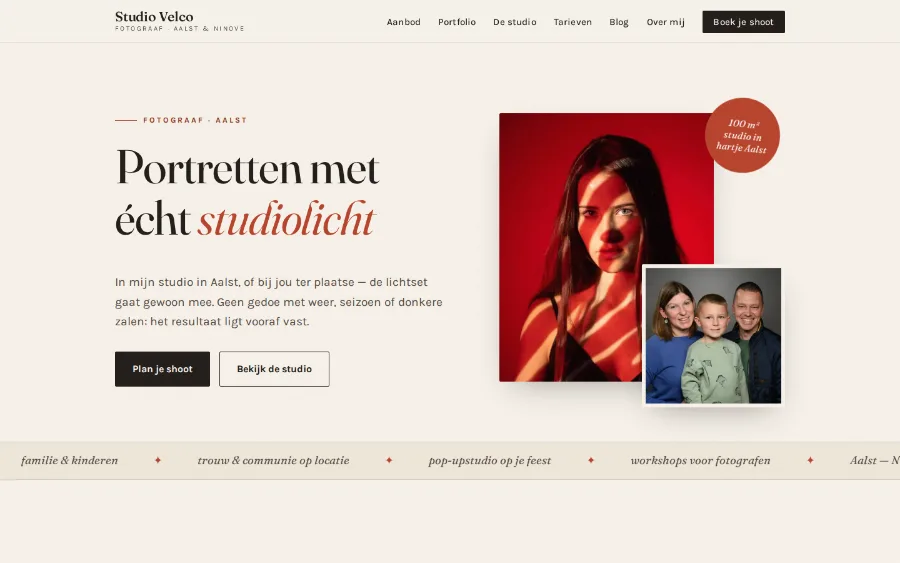 Homepage of Studio Velco, a portrait photographer with a studio in Aalst